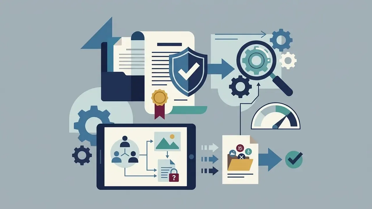 Legal contract with a shield icon being processed through gears to create compliant and secure assets