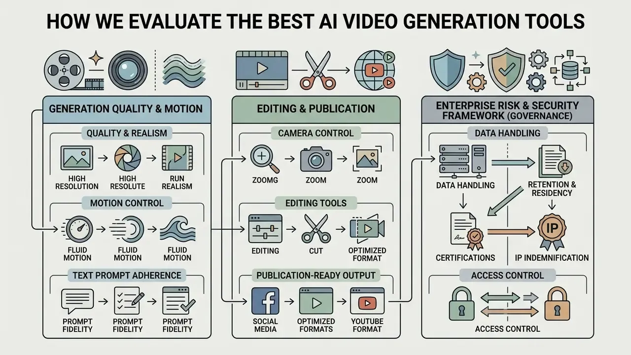 Infographic showing evaluation criteria for AI video generation tools including quality and security