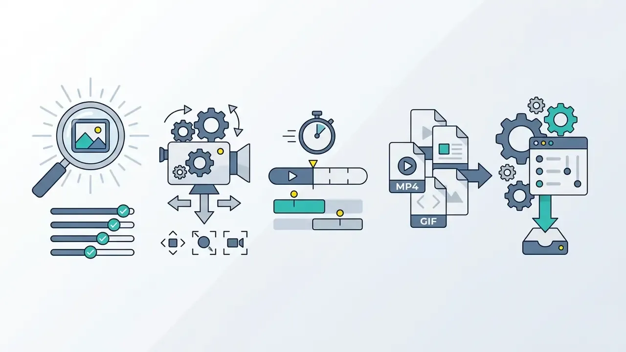 Icons representing image analysis, camera movement, video duration, file formats, and download settings