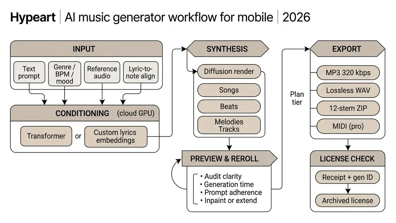 Flowchart detailing the technical stages of an AI music generator app from input to license verification