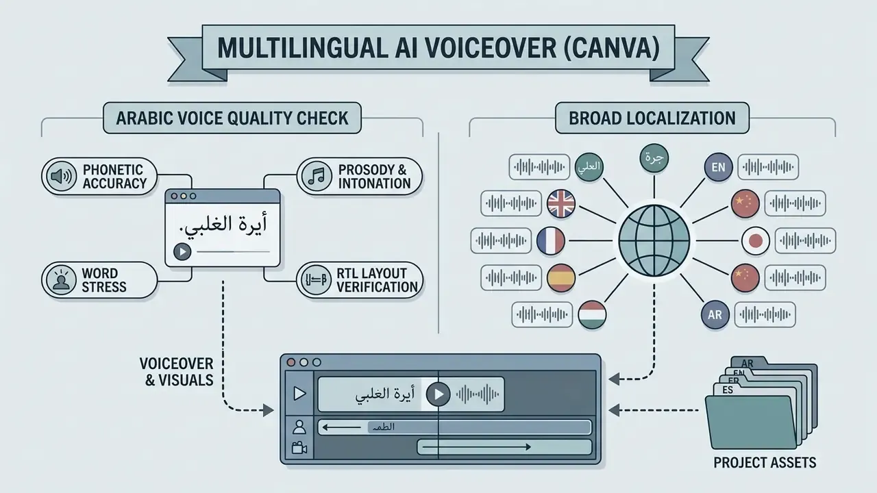 Infographic detailing Arabic voice quality checks and global localization for Canva AI voice generator