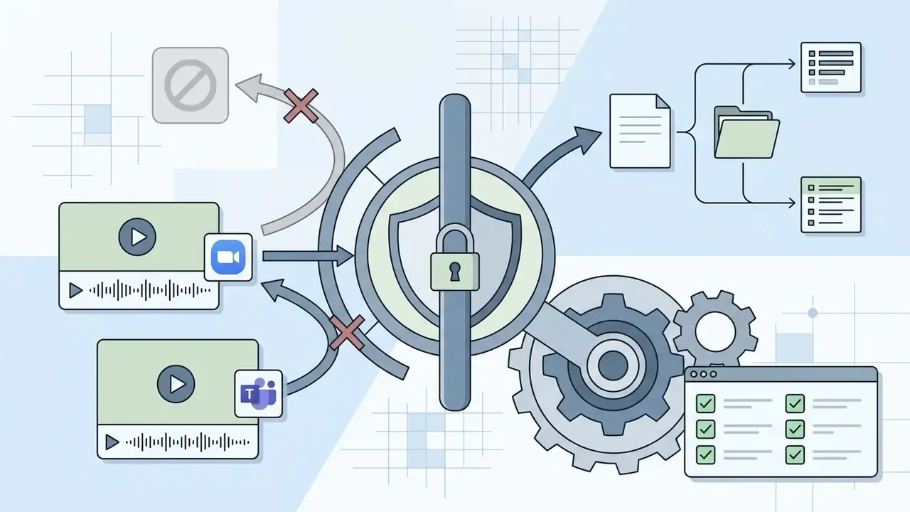 Central shield and lock icon controlling video recording access and secure data processing workflows