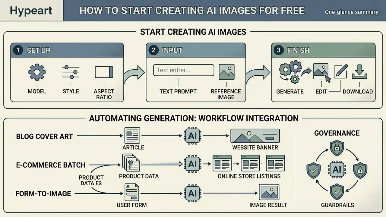 Infographic showing the three-step image creation process and automated workflow integration examples