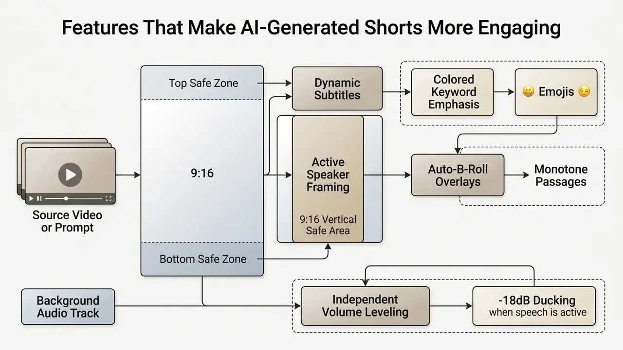 Diagram showing video composition tools for subtitles, speaker framing, and audio volume leveling