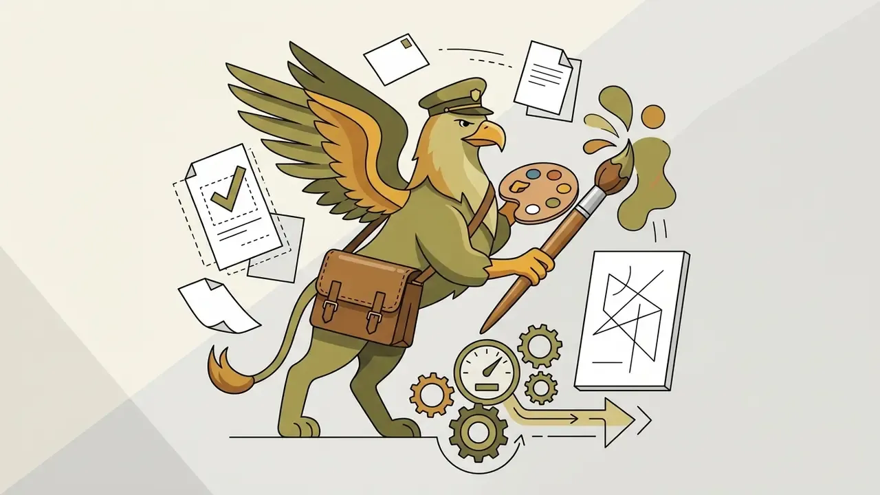 Griffin postman in a uniform cap holding a paintbrush and palette surrounded by documents and gears