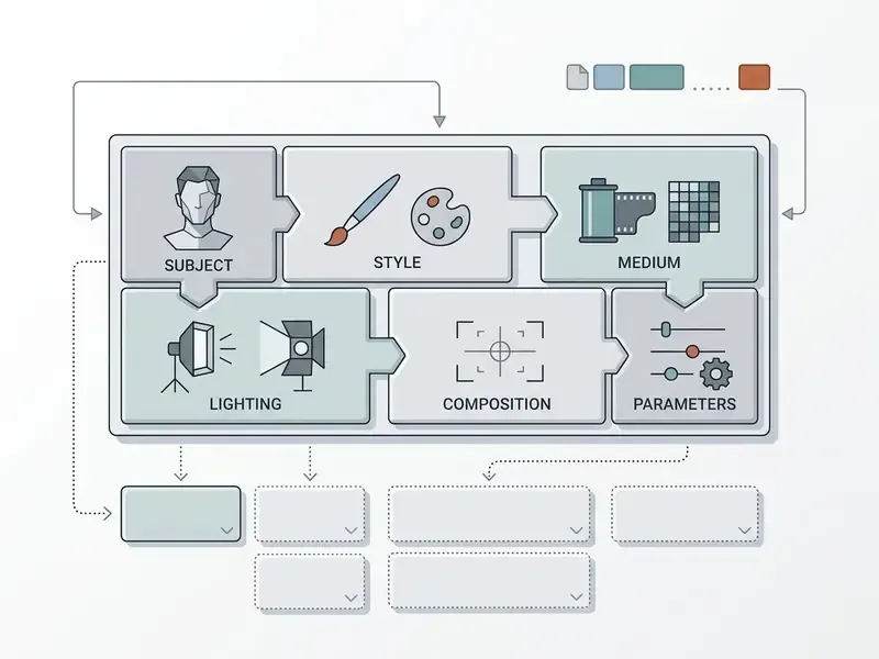 Diagram showing modular components for writing AI prompts including subject, style, medium, and lighting