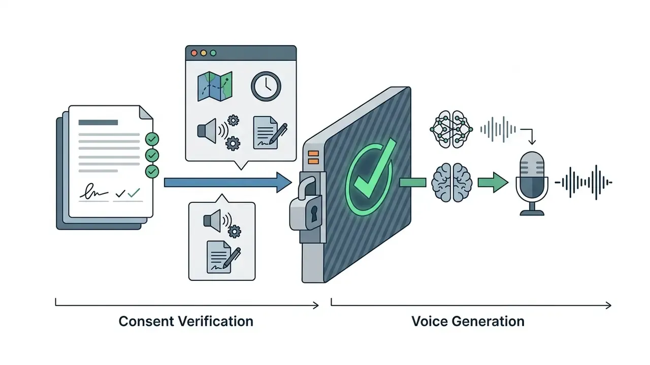 Signed documents passing through a gated verification process before neural processing and audio output