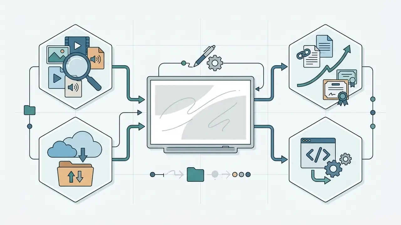 Media and cloud assets feeding into a central screen to output growth metrics and API code integrations