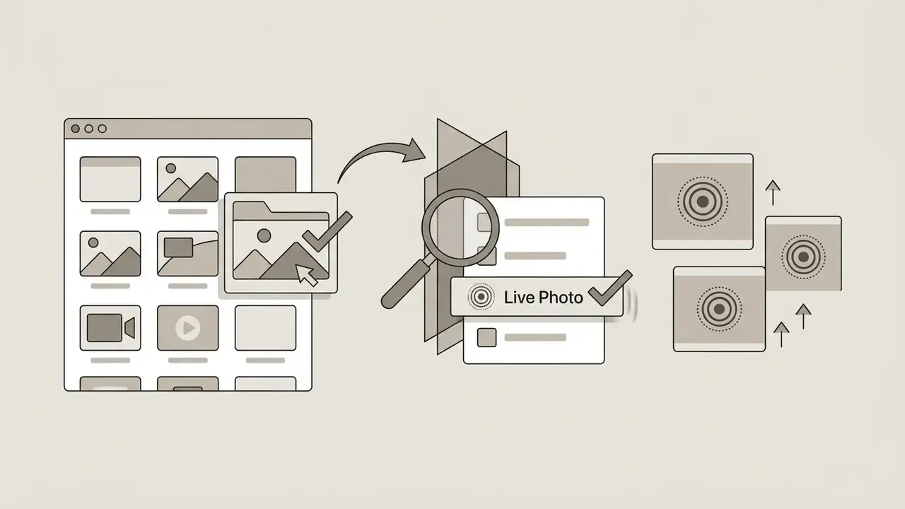 Grid of media files being selected and processed to identify and filter for a Live Photo