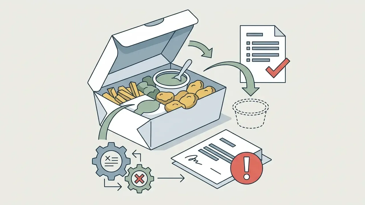 Open takeout box with missing dipping sauce indicated by gears and a document with an exclamation mark