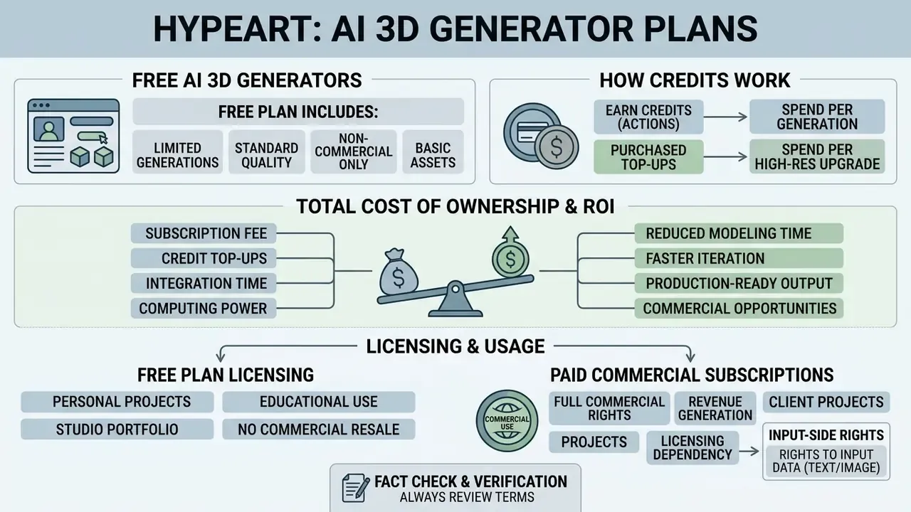 Summary of subscription plans, credit systems, cost analysis, and licensing terms for 3D asset generation