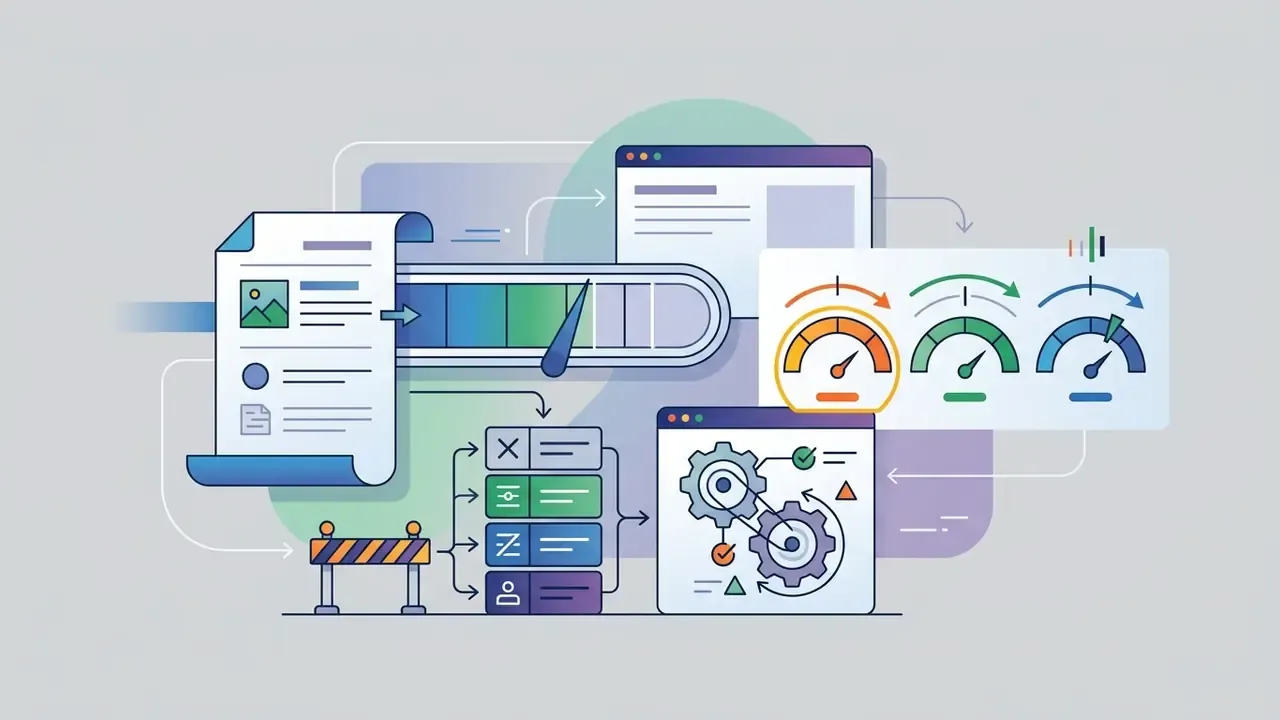 Document feeding into a progress bar with performance gauges and a gear system for quality control