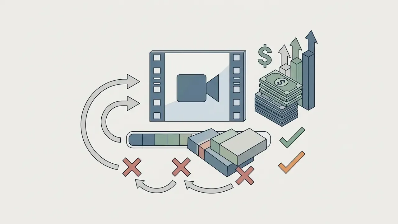 Video frame cycling through repeated generation attempts with rising costs and checkmarks