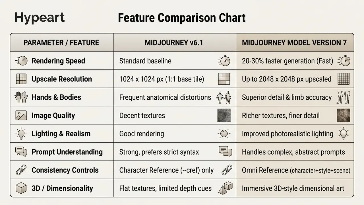 Comparison table contrasting Midjourney v6.1 and Model Version 7 features like speed, resolution, and detail