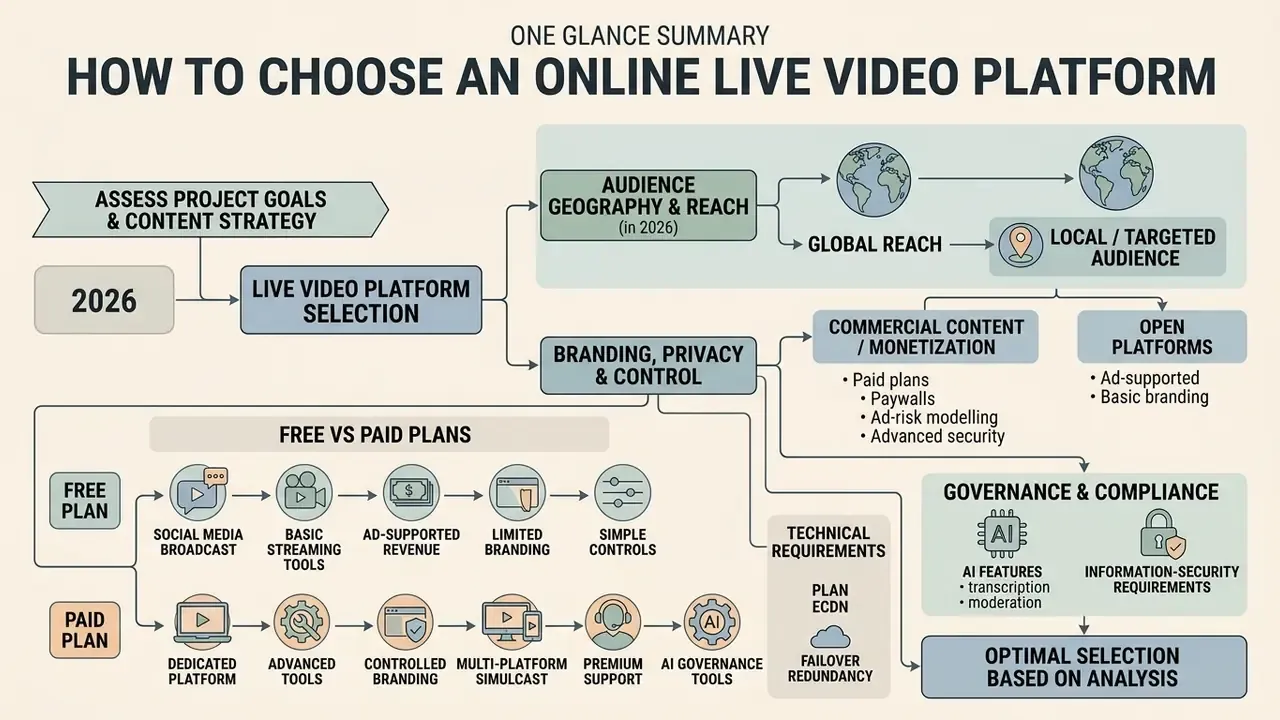 Flowchart outlining criteria for selecting broadcasting services based on audience, budget, and features