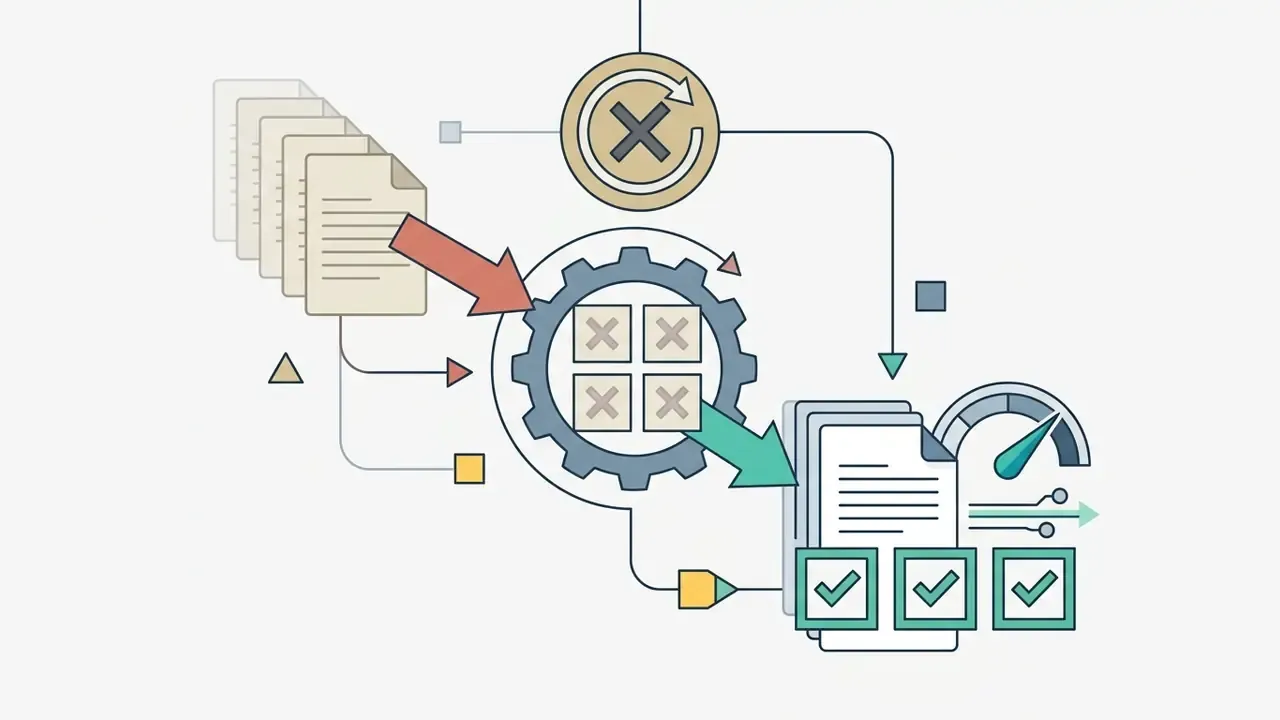 Stacked documents feeding into a gear mechanism that filters outdated items into updated files with checks