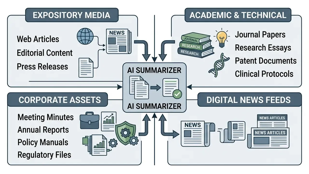 Diagram showing various document types like corporate assets and technical papers feeding into a central tool
