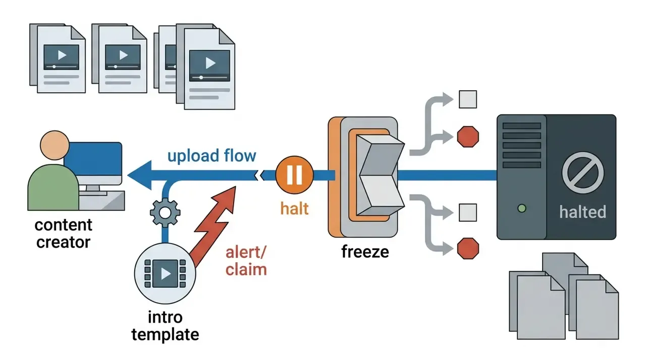 Content creator upload flow interrupted by a claim alert triggering a freeze switch to halt processing
