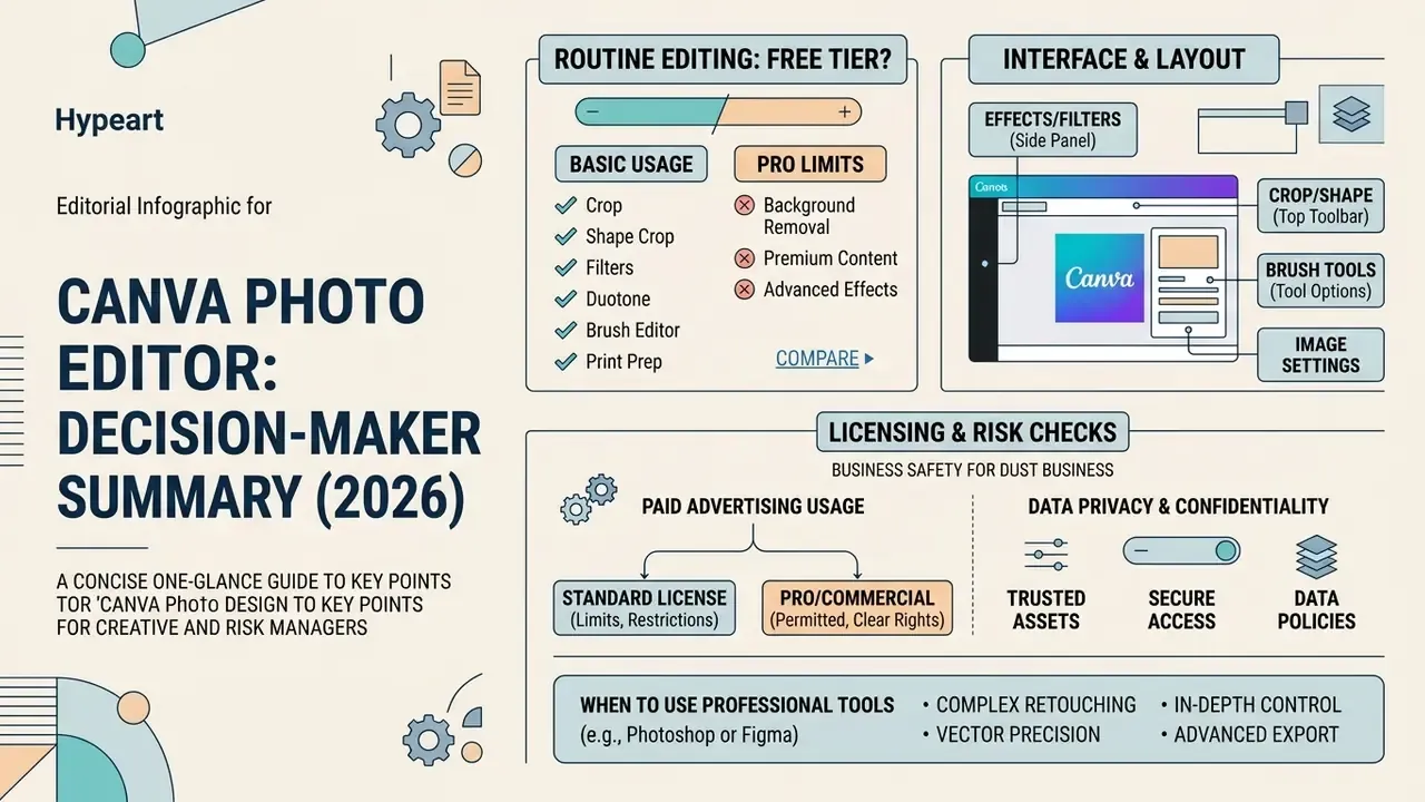 Infographic summarizing Canva photo editor features, licensing, and risk management for business teams