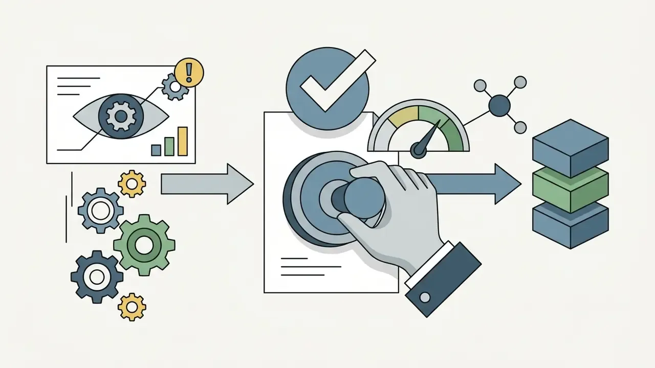 Human hand stamping a document with a checkmark and gauge icon before data is sent to storage