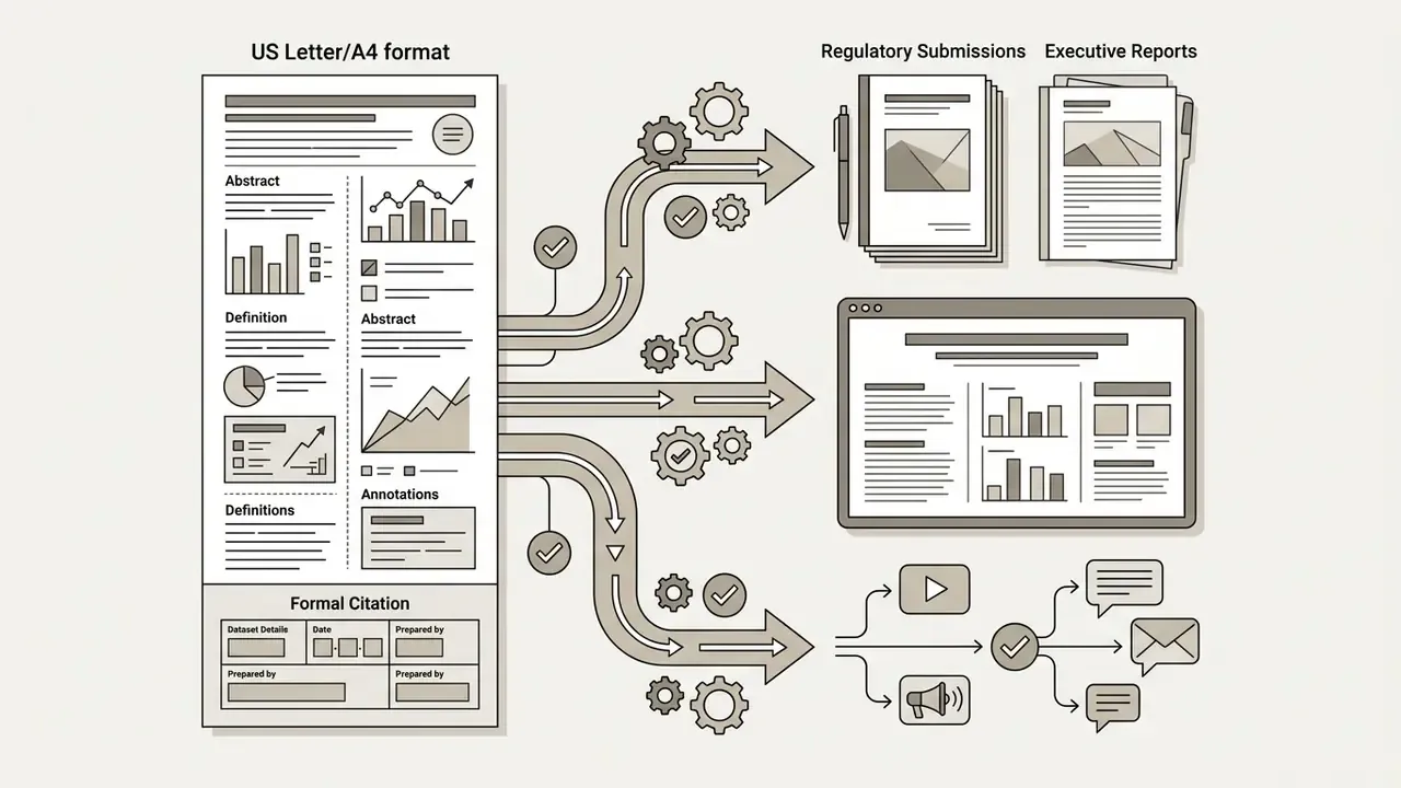 Vertical document template flowing through gears into various regulatory, executive, and digital formats