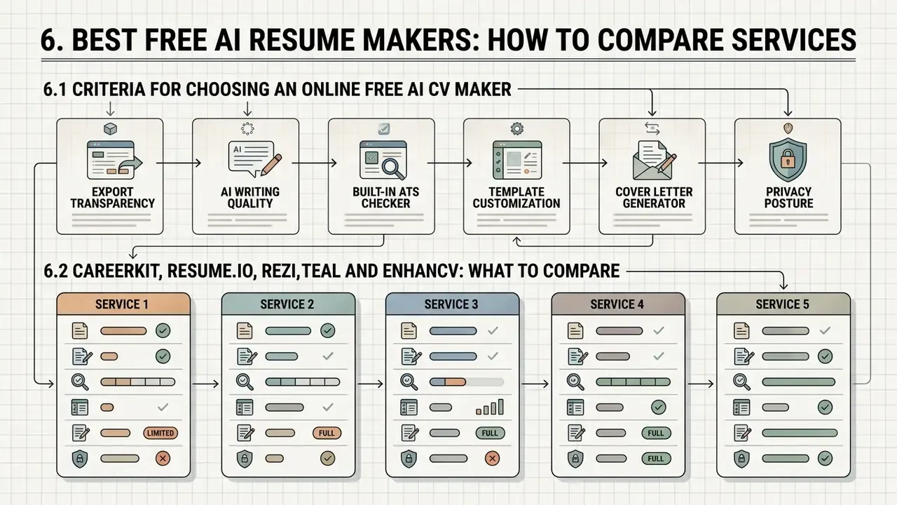 Flowchart comparing evaluation criteria for free AI resume maker services across six key features