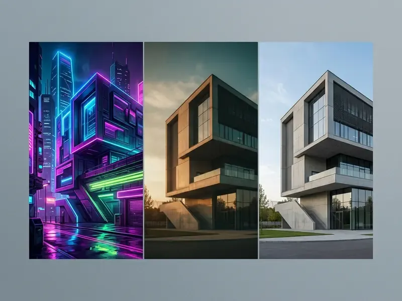 Three side-by-side versions of the same modern building rendered in neon, cinematic, and photographic styles