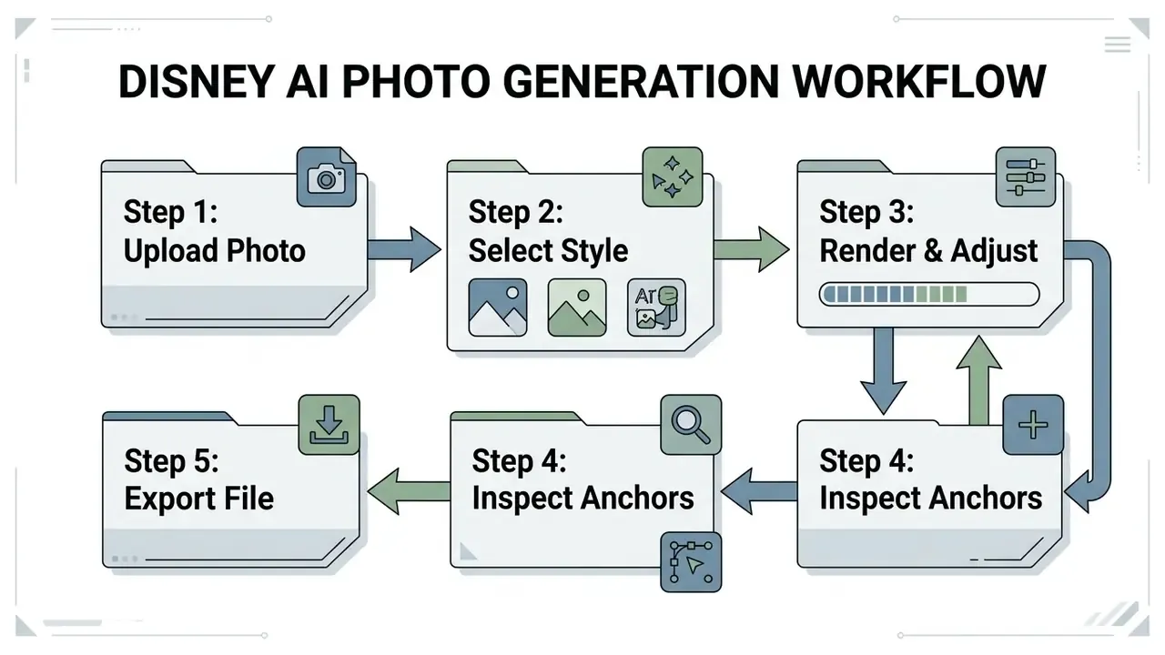 Flowchart displaying five sequential steps for digital image processing from upload to final export