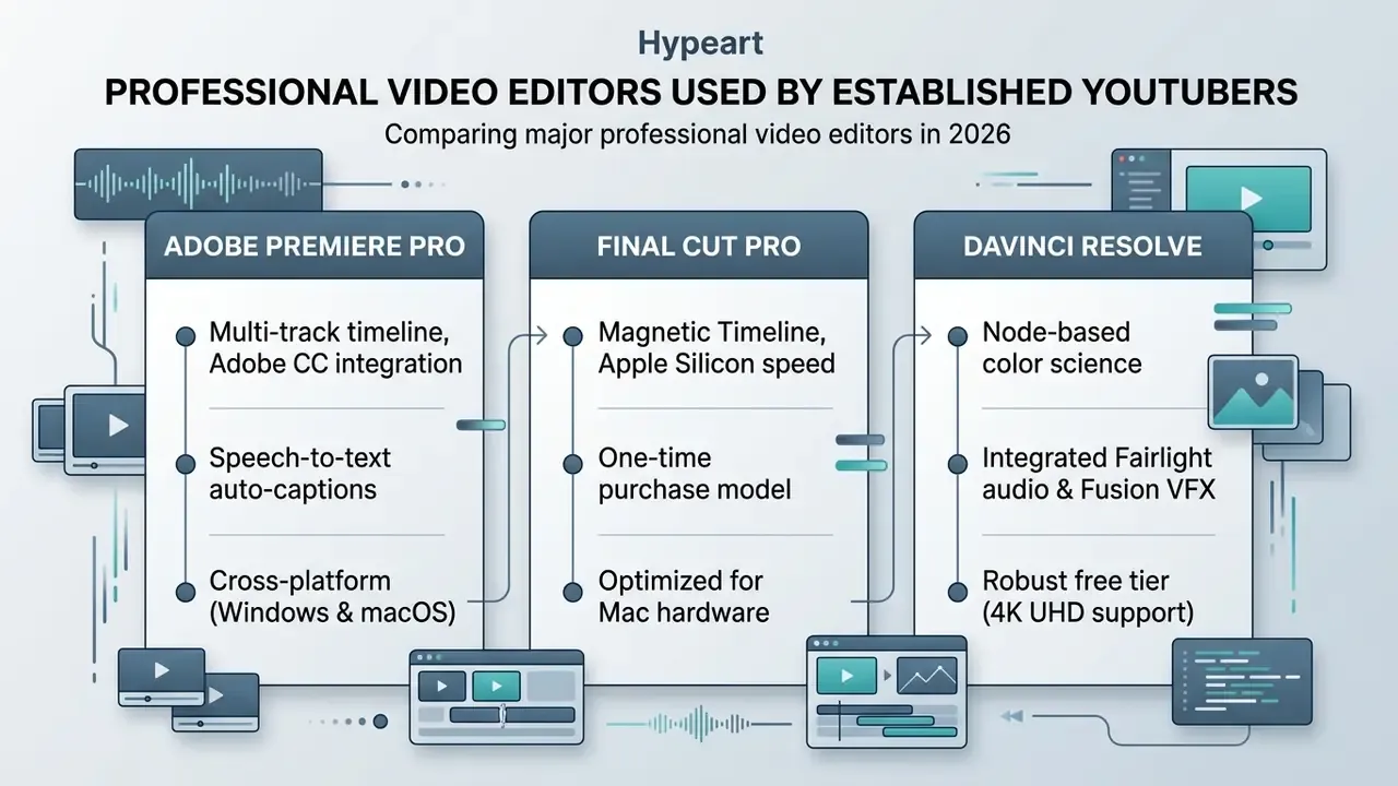 Comparison chart listing key features for Adobe Premiere Pro, Final Cut Pro, and DaVinci Resolve
