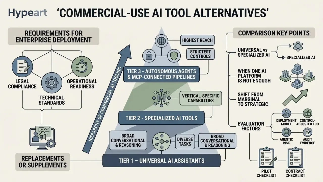 Infographic showing a hierarchy of commercial AI tool alternatives with deployment and evaluation factors