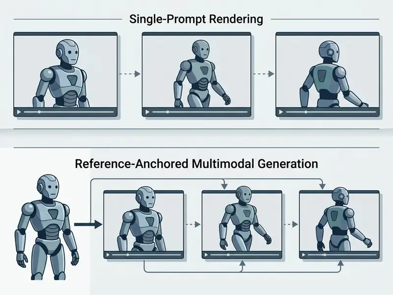 Comparison between single-prompt video rendering and reference-anchored multimodal generation flows