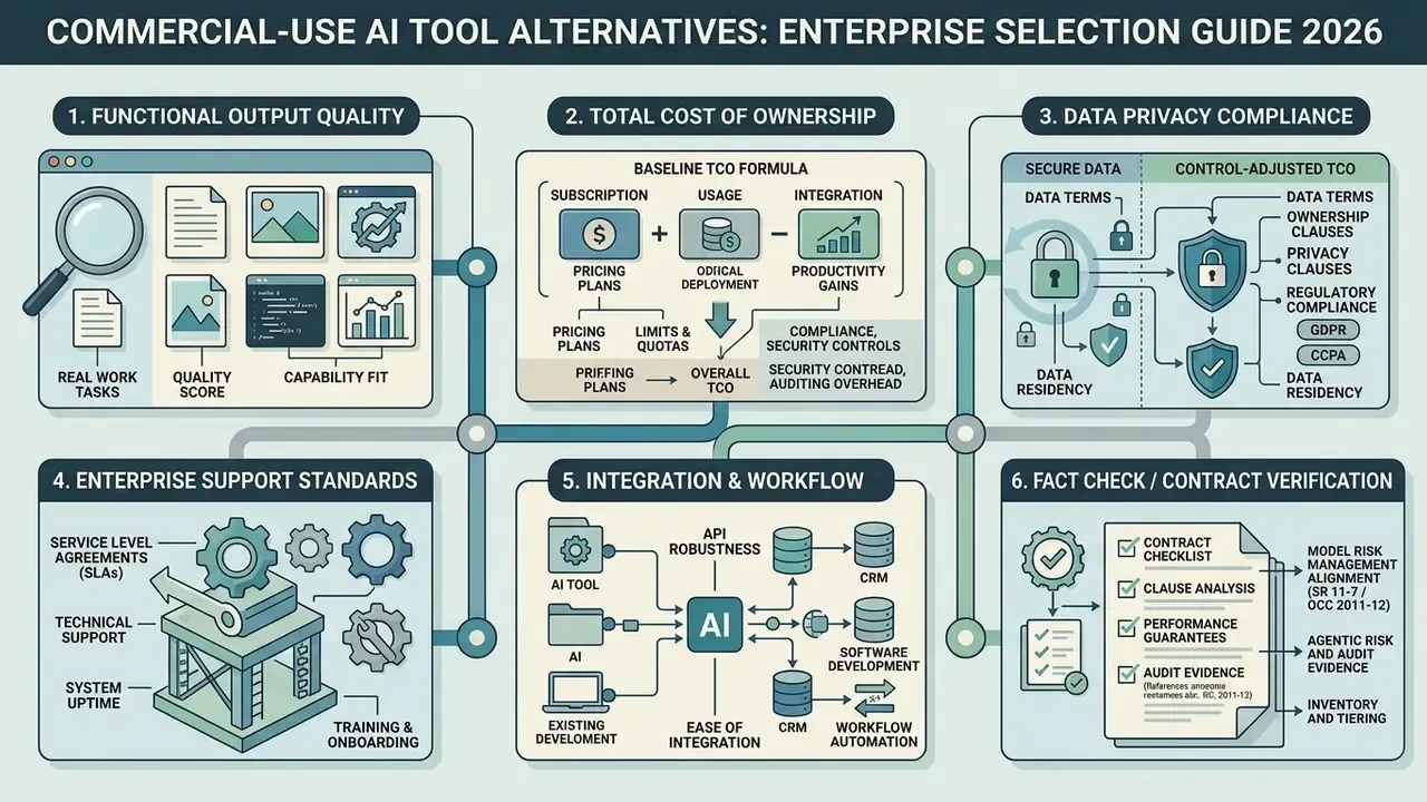 Six pillars for evaluating commercial-use AI tool alternatives including cost, data privacy, and integration