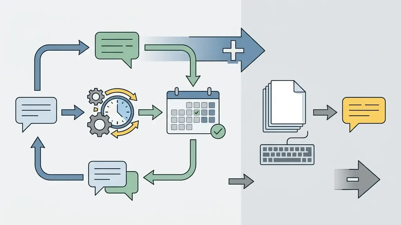 Looping process of chat messages and a clock icon connecting to a calendar for automated scheduling