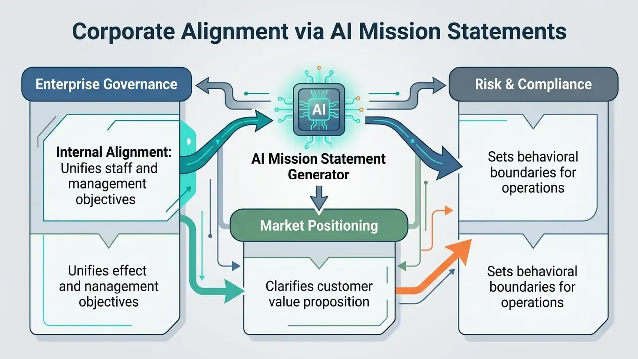 Central AI processor connecting enterprise governance, market positioning, and risk compliance functions