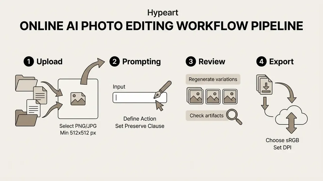 Four-step process showing file upload, text prompting, image review, and final export settings