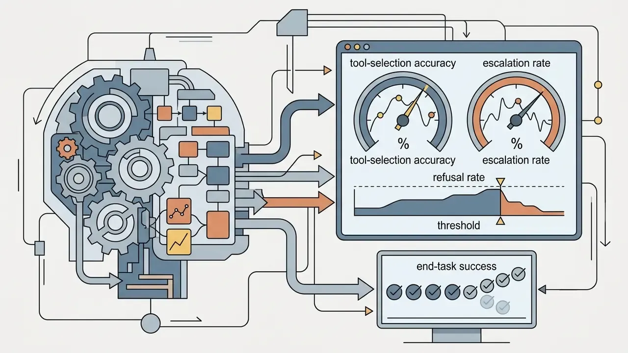 Mechanical brain processing data into monitoring dashboards for tool accuracy, escalation, and success rates
