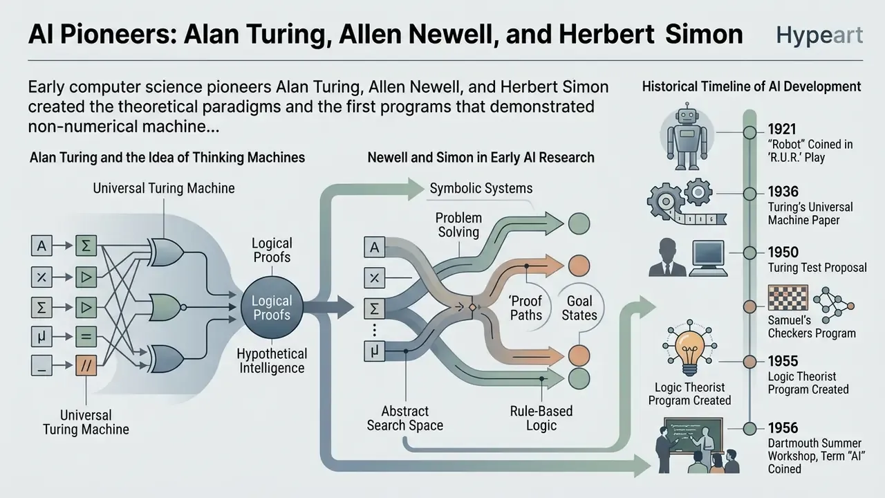 Diagram mapping the historical timeline and logic systems behind the work of early AI pioneers