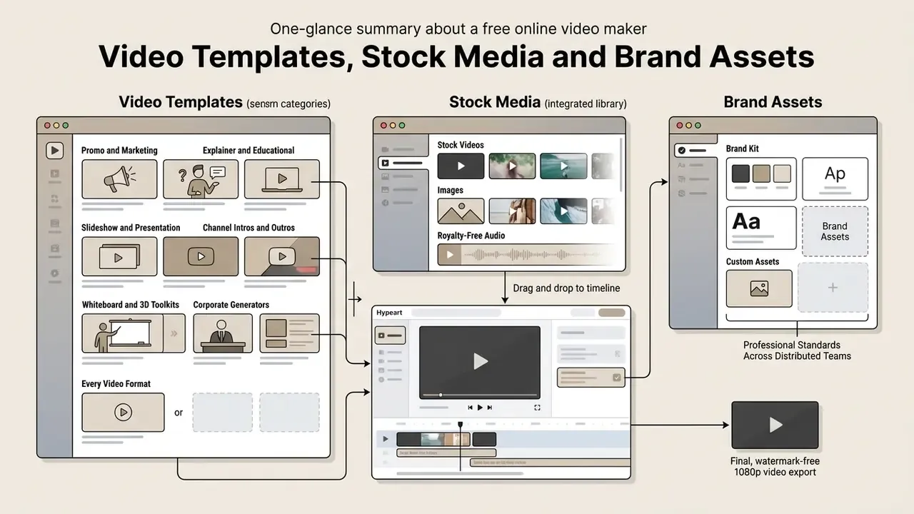 Diagram showing how video templates, stock media, and brand assets integrate into a central editing workflow