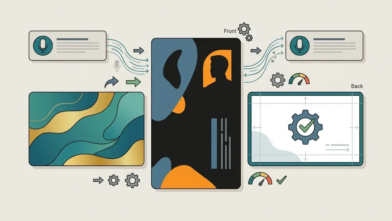 Microphone input fields and gear icons processing design elements into front and back card layouts