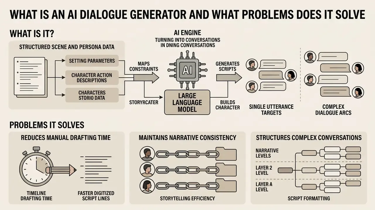 Diagram showing how an AI dialogue generator processes input data into conversations and solves drafting issues