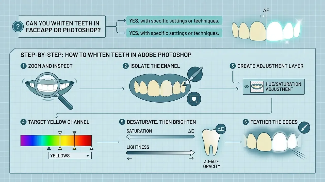 Six step visual guide detailing the Adobe Photoshop process for whitening teeth in digital portraits