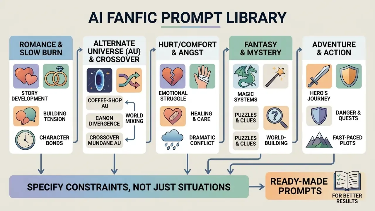 Categorized infographic displaying various fanfic tropes and genres to improve AI prompt constraints