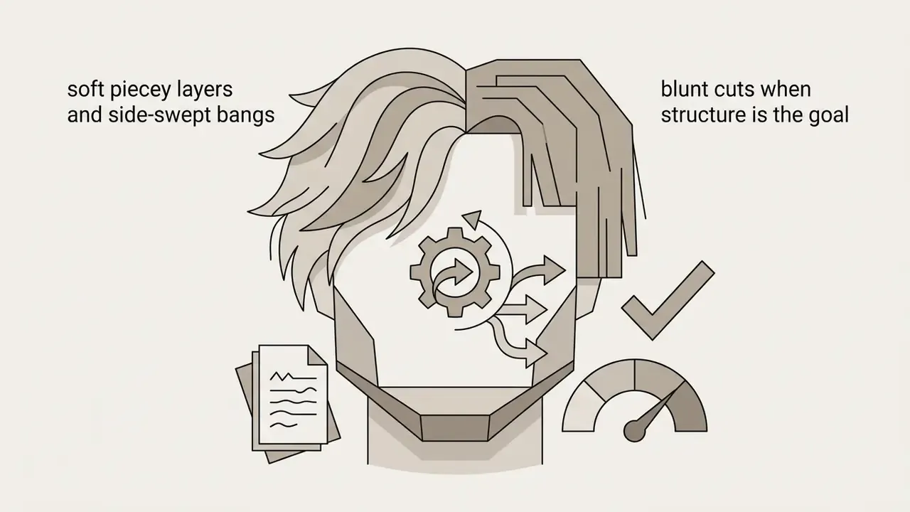 Square face outline showing layered and blunt hair styles with gear, document, and gauge icons