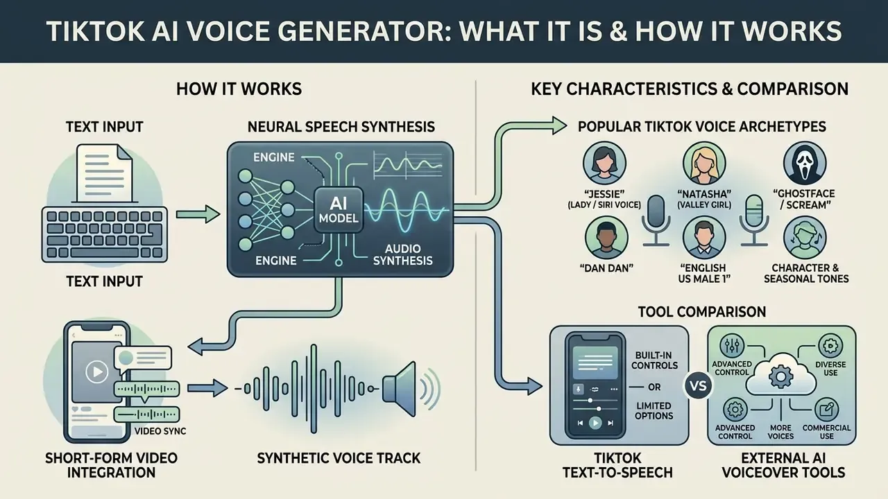 Infographic showing how a TikTok AI voice generator converts text into synthetic audio for video content