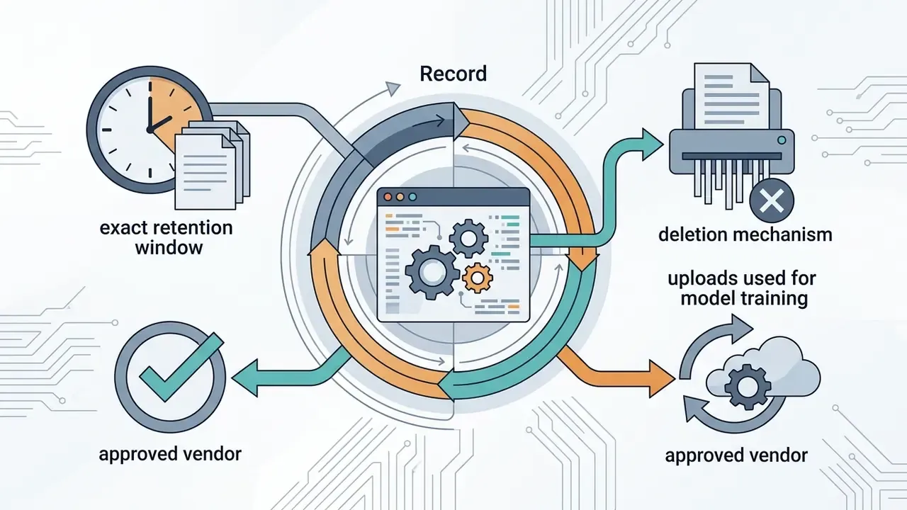 Circular process showing data retention, deletion, and model training policies for an approved vendor