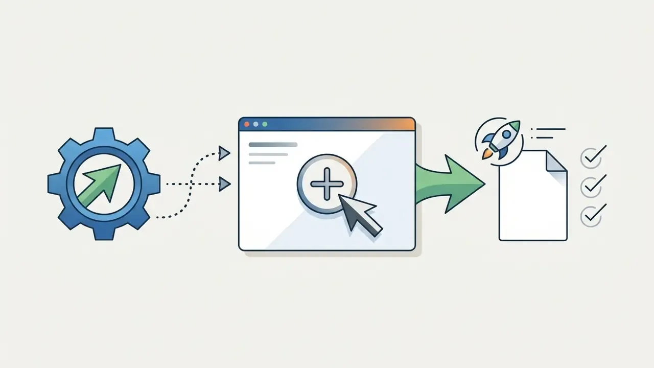 Gear icon connecting to a browser window with a plus button leading to a document with checkmarks