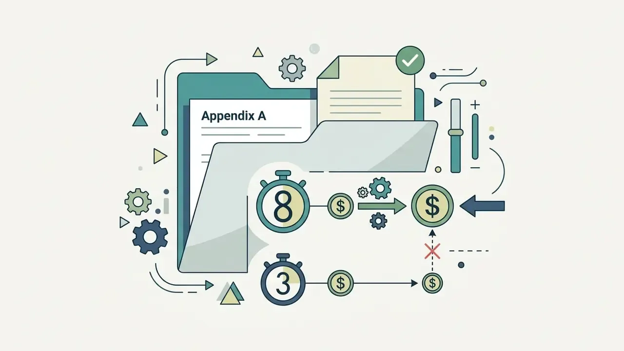 Folder with Appendix A text connected to timers and currency symbols showing cost calculation pathways