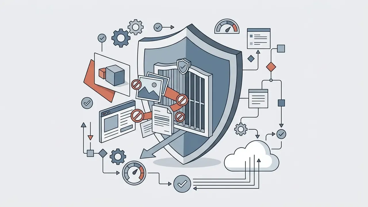 Shield icon blocking data files and images from entering a secure gateway connected to cloud storage