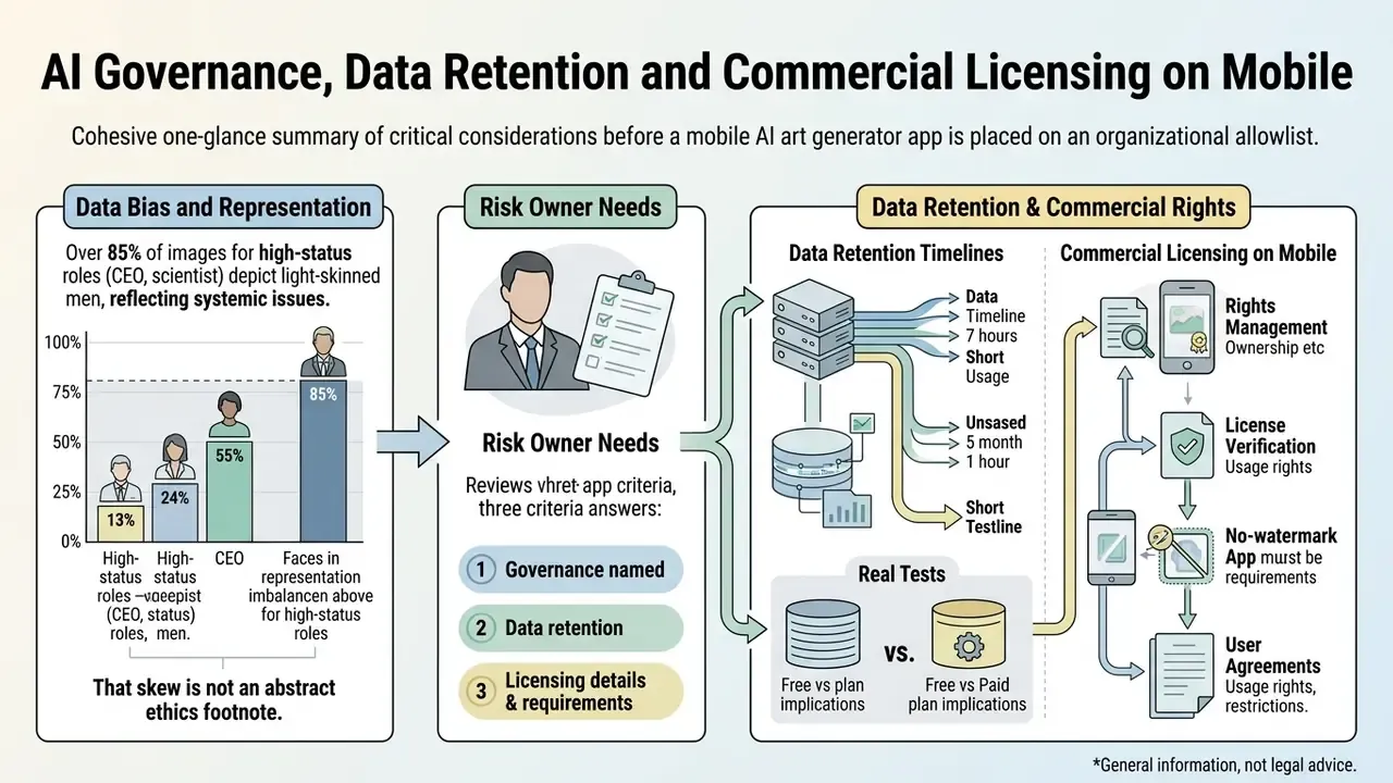 Infographic showing data bias, risk owner requirements, and commercial rights for mobile AI art apps
