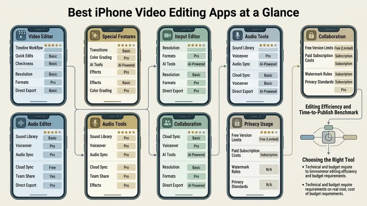 Series of smartphone icons displaying comparative feature lists for various iPhone video editing tools